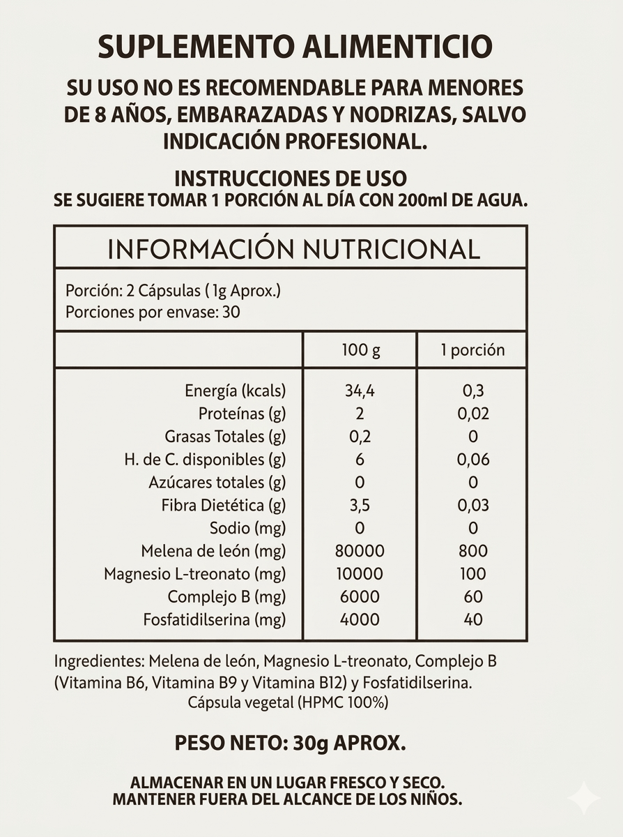 Melena de Leon Fortificada + Magnesio L-Treonato - 60 capsulas