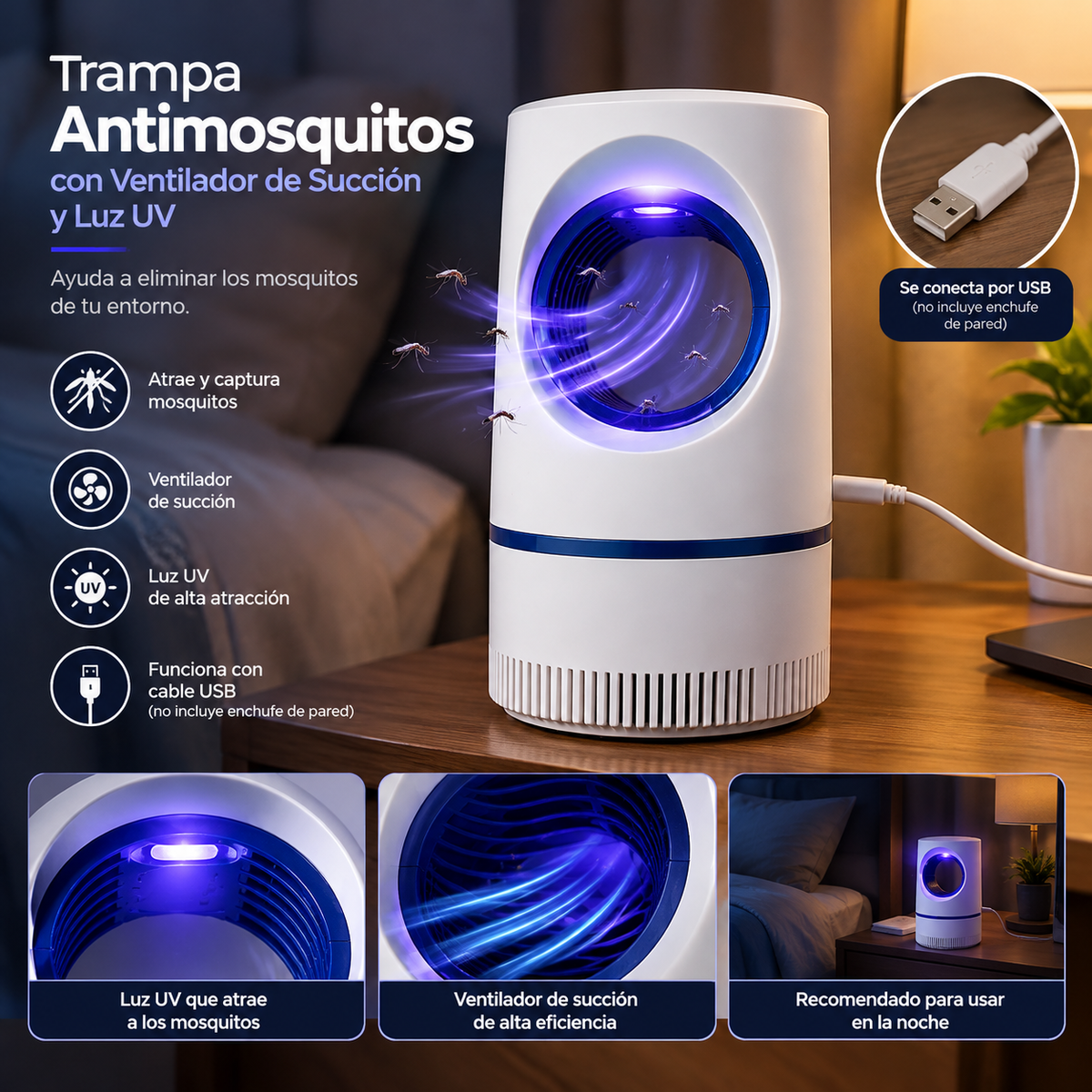 Trampa antimosquitos USB con luz UV y ventilador de succión